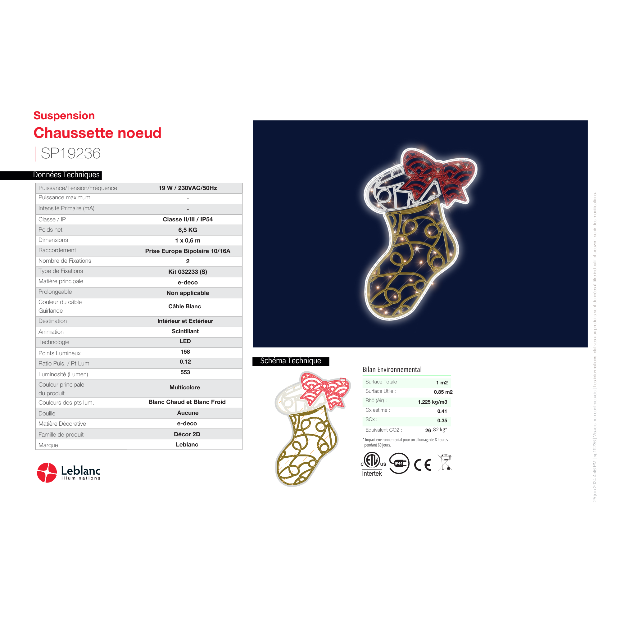 Décor de noël suspension 2D Chaussette noeud H1 x L0,6m